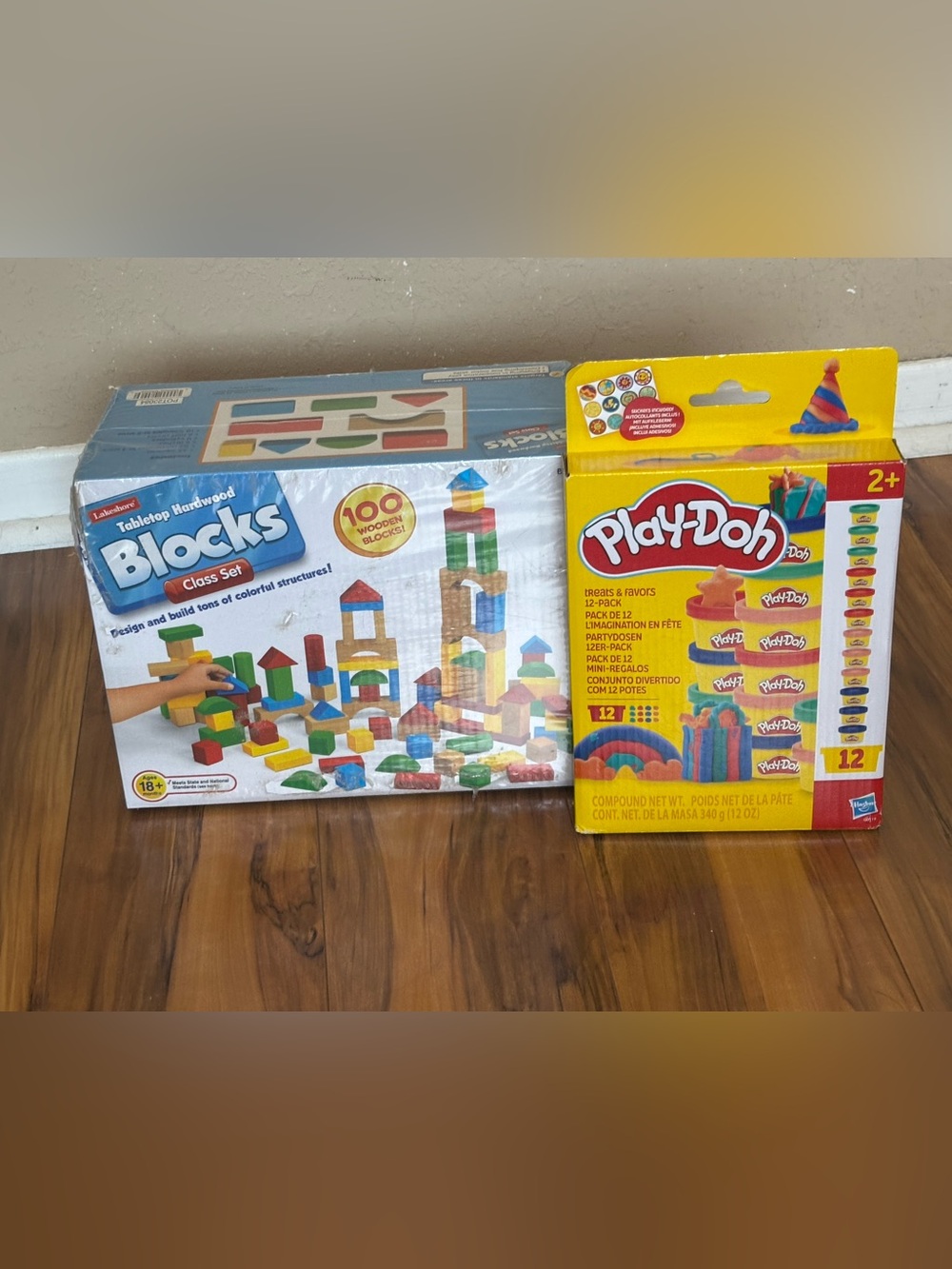 Lakeshore tabletop hardwood blocks class set and 12 pack of mini Play-doh